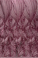 Curvy Design Sequins Fabric - Wine - 4 Way Stretch Curvy Sequins Design Mesh Fabric by Yard