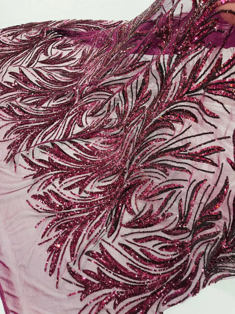 Leaf Stretch Sequins Fabric - Wine - 4 Way Stretch Sequins on Lace Mesh Fabric by Yard