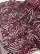Curvy Design Sequins Fabric - Wine - 4 Way Stretch Curvy Sequins Design Mesh Fabric by Yard