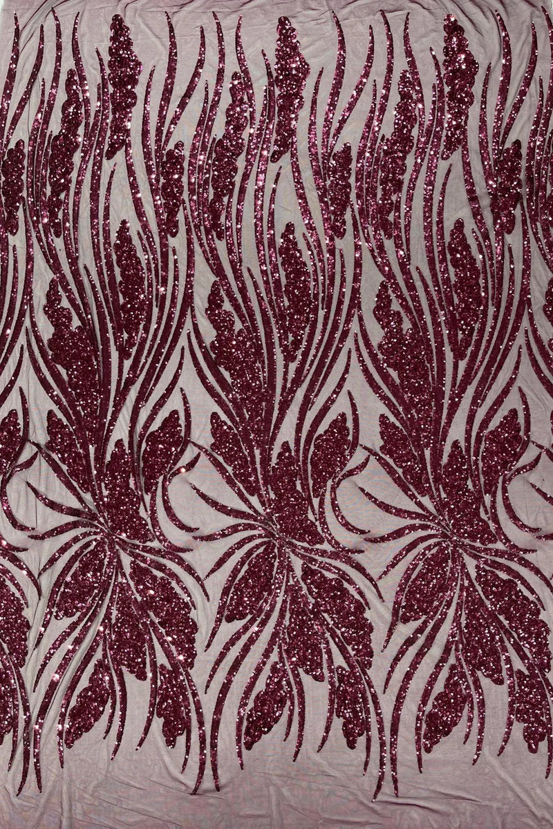 Wavy Leaf Design Fabric - Wine - 4 Way Stretch Sequins Lace Mesh Leaf Design Fabric by Yard