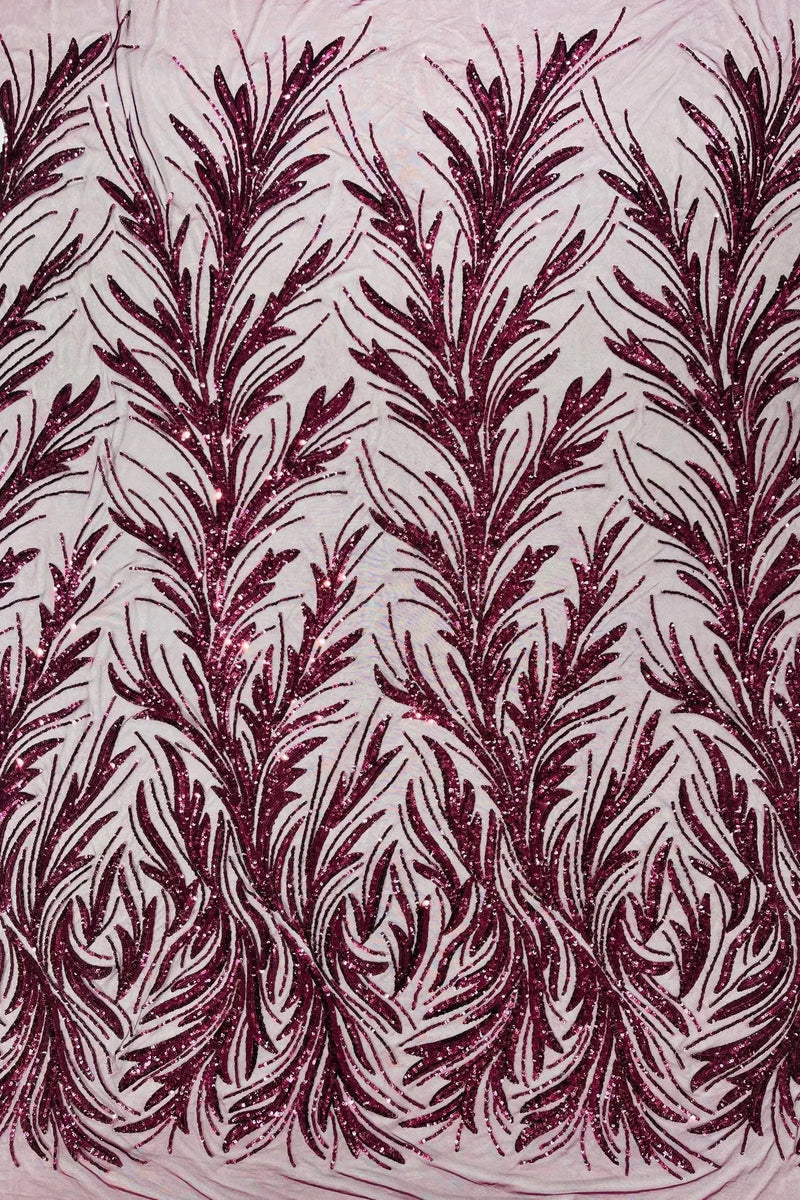 Leaf Stretch Sequins Fabric - Wine - 4 Way Stretch Sequins on Lace Mesh Fabric by Yard