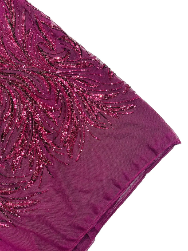 Leaf Stretch Sequins Fabric - Wine - 4 Way Stretch Sequins on Lace Mesh Fabric by Yard