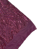 Curvy Design Sequins Fabric - Wine - 4 Way Stretch Curvy Sequins Design Mesh Fabric by Yard