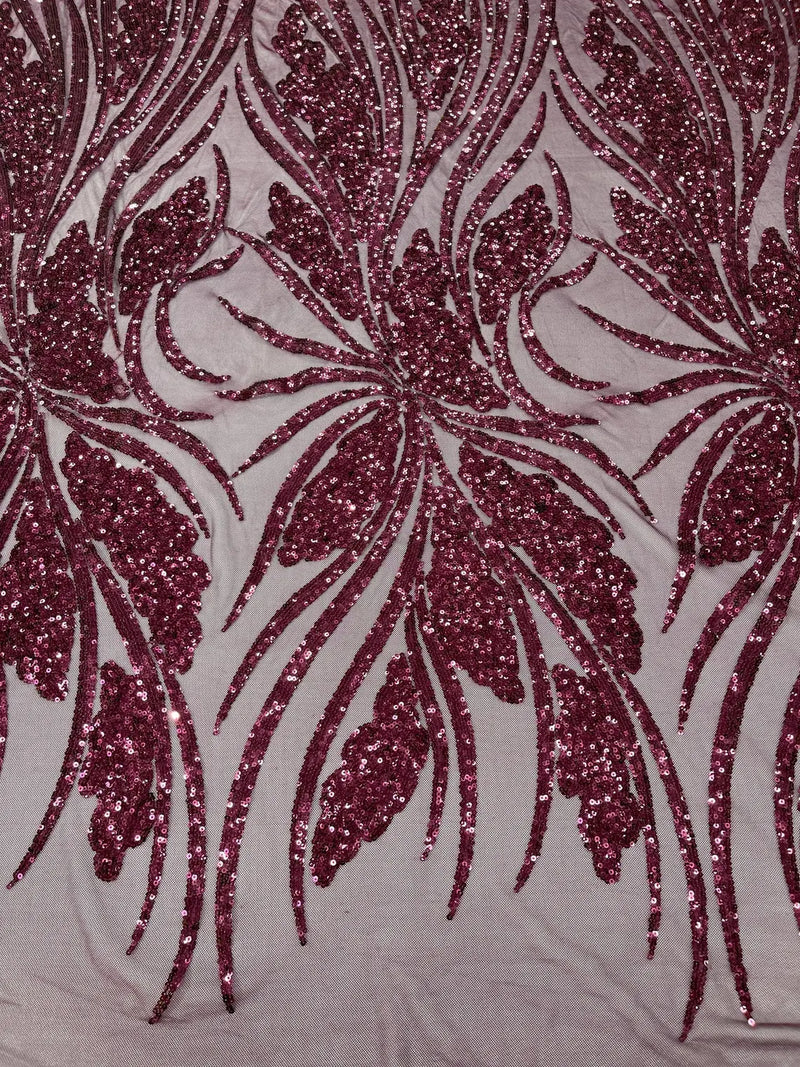 Wavy Leaf Design Fabric - Wine - 4 Way Stretch Sequins Lace Mesh Leaf Design Fabric by Yard