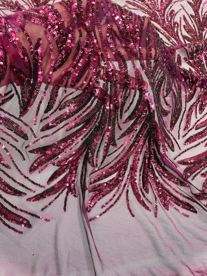 Leaf Stretch Sequins Fabric - Wine - 4 Way Stretch Sequins on Lace Mesh Fabric by Yard