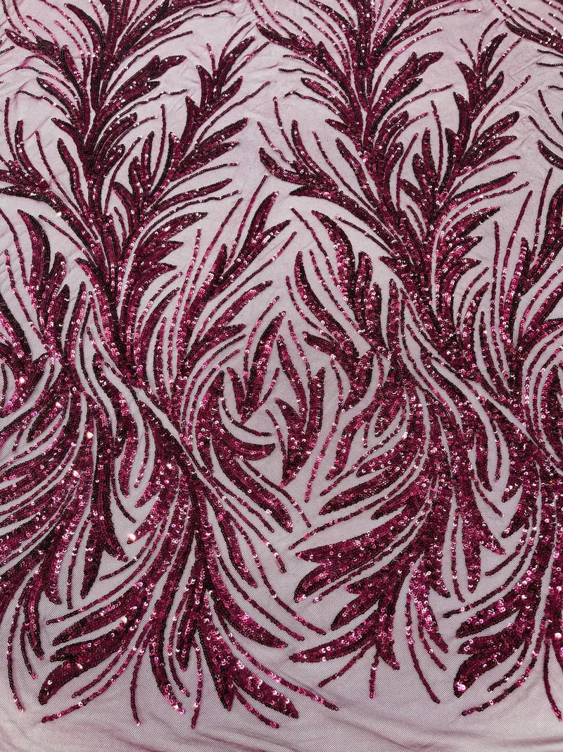 Leaf Stretch Sequins Fabric - Wine - 4 Way Stretch Sequins on Lace Mesh Fabric by Yard