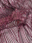 Curvy Design Sequins Fabric - Wine - 4 Way Stretch Curvy Sequins Design Mesh Fabric by Yard