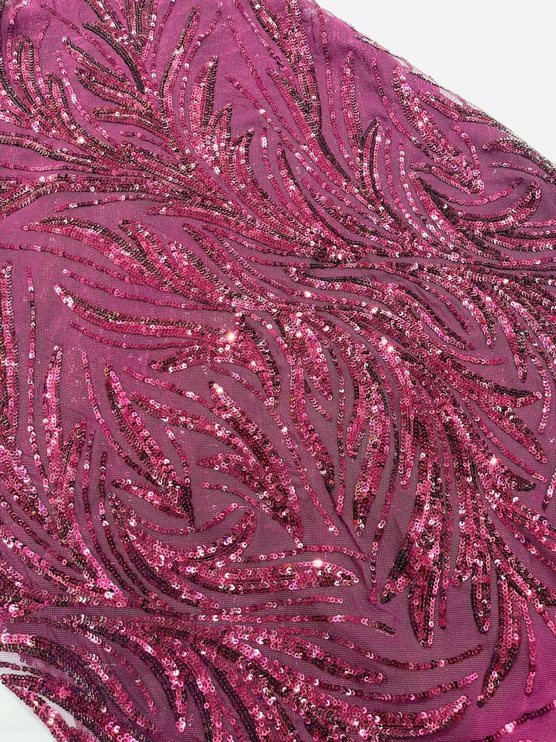 Leaf Stretch Sequins Fabric - Wine - 4 Way Stretch Sequins on Lace Mesh Fabric by Yard