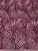 Curvy Design Sequins Fabric - Wine - 4 Way Stretch Curvy Sequins Design Mesh Fabric by Yard