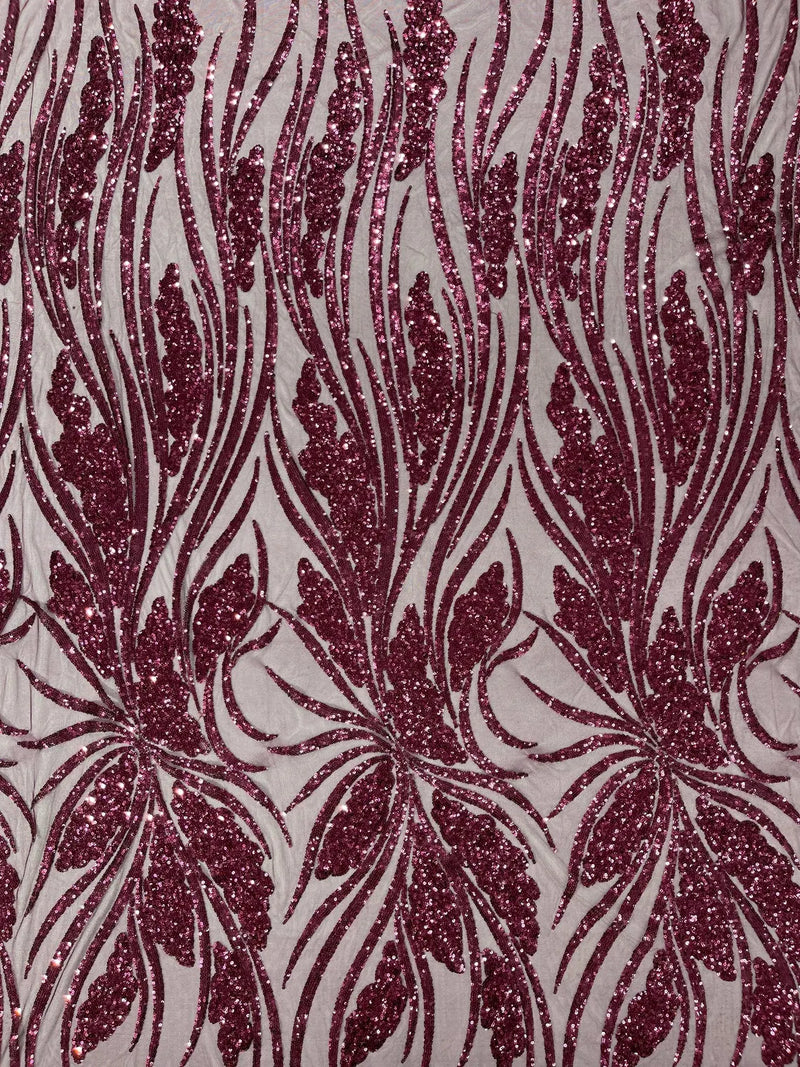 Wavy Leaf Design Fabric - Wine - 4 Way Stretch Sequins Lace Mesh Leaf Design Fabric by Yard