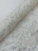 White Beaded Fabric by the yard, Bridal beaded, Damask Pattern With Beads and Sequin