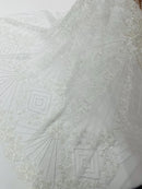 White Beaded Geometric Pattern Beaded Fabric by the yard, Embroidery Beaded Lace Fabric