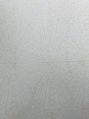 White Beaded Geometric Pattern Beaded Fabric by the yard, Embroidery Beaded Lace Fabric