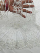 White Beaded Geometric Pattern Beaded Fabric by the yard, Embroidery Beaded Lace Fabric