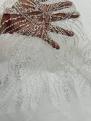 White Embroidery Beaded Fabric by Yard, Sequin on a Mesh with Floral Lace