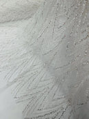 White Luxury Beaded Pattern Fabric by the yard, Embroidery Beaded Lace Fabric