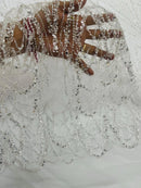 White Luxury Beaded Pattern Fabric by the yard, Embroidery Beaded Lace Fabric
