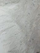 White Floral Design Beads & Sequins, Lace Beaded Floral & Leaf Embroidered Lace