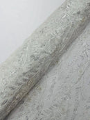 White Floral Design Beads & Sequins, Lace Beaded Floral & Leaf Embroidered Lace