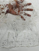 White Floral Design Beads & Sequins, Lace Beaded Floral & Leaf Embroidered Lace