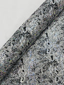 White Silver Glitter Snake Design Shattered Glass Nylon Spandex Fabric By Yard, Snake Flocking Hologram, Glitter Snake Nylon Spandex
