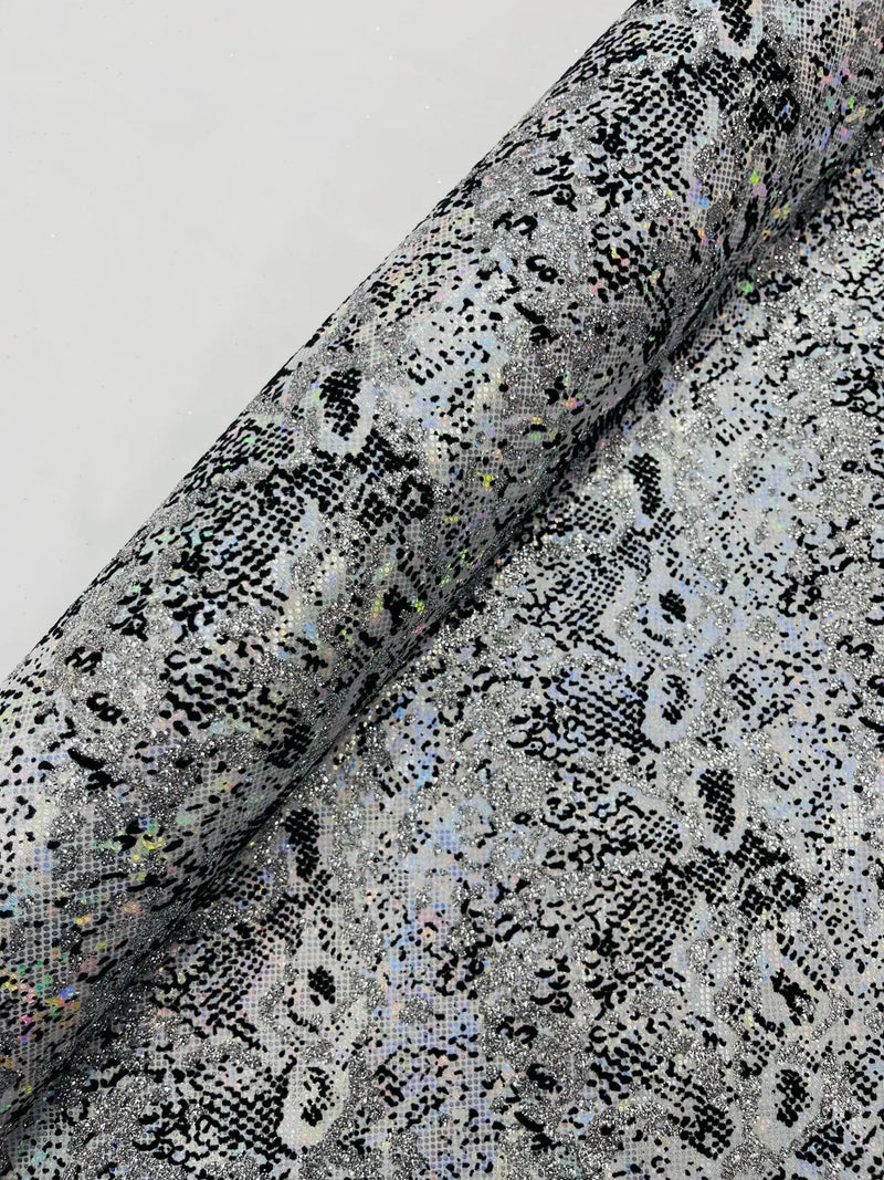 White Silver Glitter Snake Design Shattered Glass Nylon Spandex Fabric By Yard, Snake Flocking Hologram, Glitter Snake Nylon Spandex
