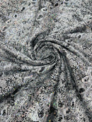 White Silver Glitter Snake Design Shattered Glass Nylon Spandex Fabric By Yard, Snake Flocking Hologram, Glitter Snake Nylon Spandex
