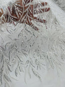 White Beaded Fabric by the yard, Bridal beaded, Damask Pattern With Beads and Sequin