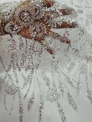 White Beaded Fabric 3D Floral Butterfly Fabric By Yard, Luxury Butterfly Mesh