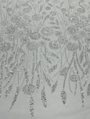 White Beaded Fabric 3D Floral Butterfly Fabric By Yard, Luxury Butterfly Mesh