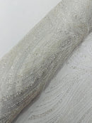 White Embroidery Beaded Fabric by Yard, Sequin on a Mesh with Floral Lace