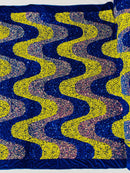 Wavy Line Design Velvet Sequins - Yellow / Clear Iridescent / Royal Blue - Velvet Sequins Fabric 2 Way Stretch 58"/60" Yard