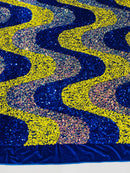 Wavy Line Design Velvet Sequins - Yellow / Clear Iridescent / Royal Blue - Velvet Sequins Fabric 2 Way Stretch 58"/60" Yard