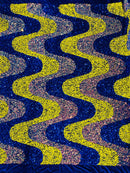 Wavy Line Design Velvet Sequins - Yellow / Clear Iridescent / Royal Blue - Velvet Sequins Fabric 2 Way Stretch 58"/60" Yard