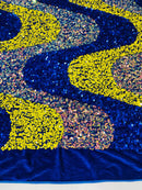 Wavy Line Design Velvet Sequins - Yellow / Clear Iridescent / Royal Blue - Velvet Sequins Fabric 2 Way Stretch 58"/60" Yard