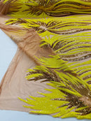 Angel Wings Sequins Fabric - Yellow / Gold - 4 Way Stretch Feather Wings Sequins Design By Yard
