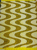 Wavy Line Design Velvet Sequins - Yellow / White - Velvet Sequins Fabric 2 Way Stretch 58"- 60" By Yard