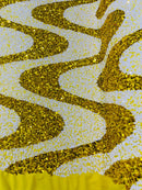 Wavy Line Design Velvet Sequins - Yellow / White - Velvet Sequins Fabric 2 Way Stretch 58"- 60" By Yard