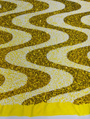 Wavy Line Design Velvet Sequins - Yellow / White - Velvet Sequins Fabric 2 Way Stretch 58"- 60" By Yard