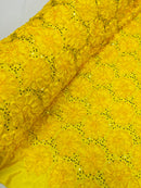 Sequins Satin Rosette Fabric - Yellow - 3D Satin Rose Sequins Floral Fabric Sold By The Yard