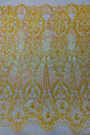 Damask Sequins Fabric - Yellow - Shiny Sequin Design on 4 Way Stretch Black Mesh Fabric By Yard