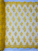 Floral Bridal Lace - Yellow - Flower Damask Design Embroidered on Mesh Lace Fabric