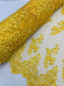 Floral Cluster Beaded Fabric - Yellow - Embroidered Flower Beaded Fabric Sold By Yard