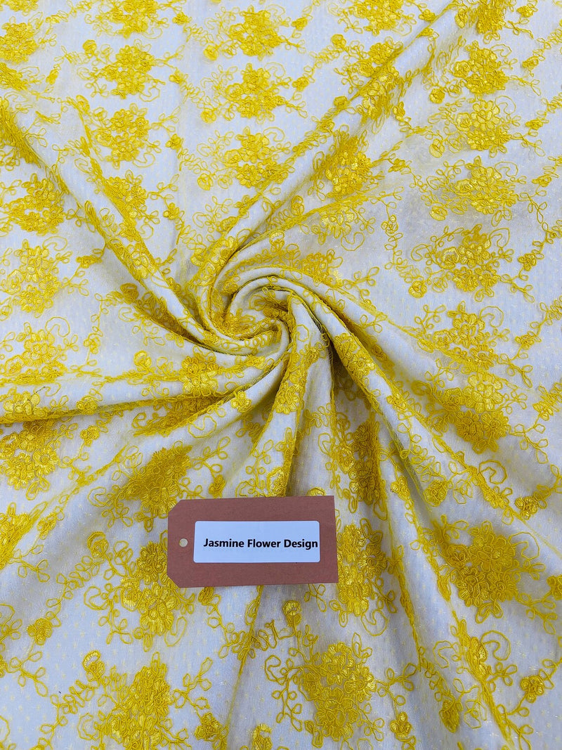 Jasmine Flower Fabric - Yellow - Embroidered Floral Design Lace Mesh Bridal Fabric By Yard