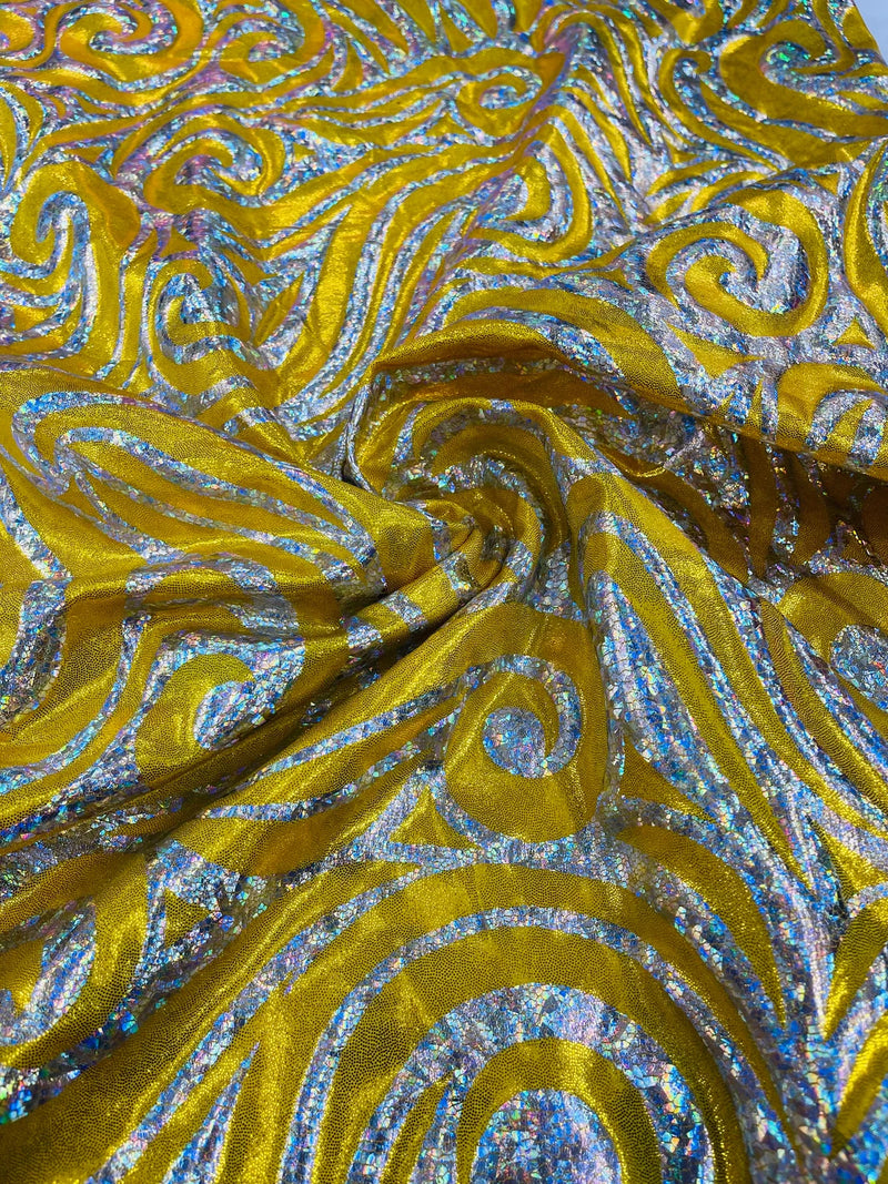 Tribal Swirl Design Spandex - Yellow - 4 Way Stretch Milliskin Holographic Fabric by Yard