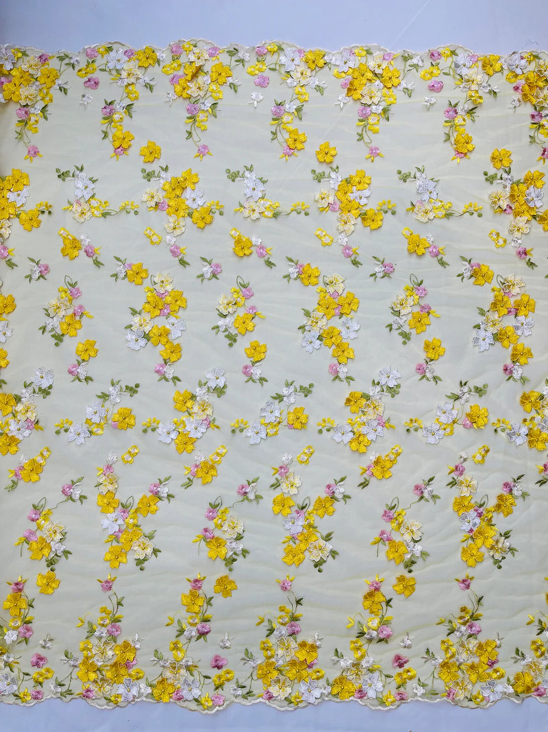 3D Multi-Color Flower Lace - Yellow - Flower Leaf 3D Multi-Tone Fabrics Sold By Yard