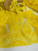 Beaded Floral Fabric - Yellow - Luxury Bridal Floral Pattern Fabric With Beads, Sequins Sold By Yard