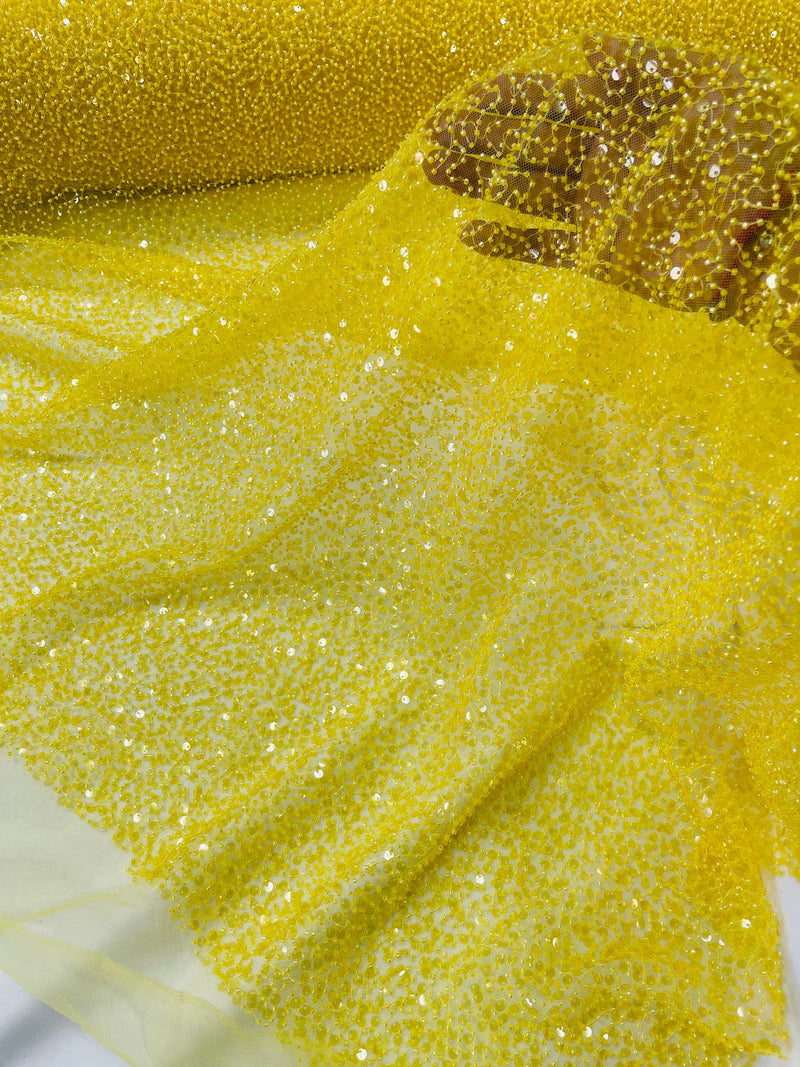 Beaded Sequins Pearl Fabric - Yellow - Embroidered Pearl Beads and Sequins on Lace By Yard