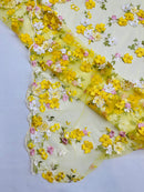 3D Multi-Color Flower Lace - Yellow - Flower Leaf 3D Multi-Tone Fabrics Sold By Yard