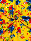 Hawaiian Floral Print Fabric - Yellow - 45" Hibiscus Tropical Flower Cotton Fabric by Yard